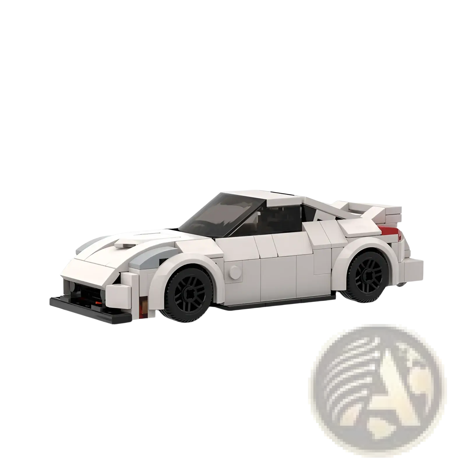 White lego technic sports car model with black wheels and red rear spoiler accents from racing car building blocks moc set