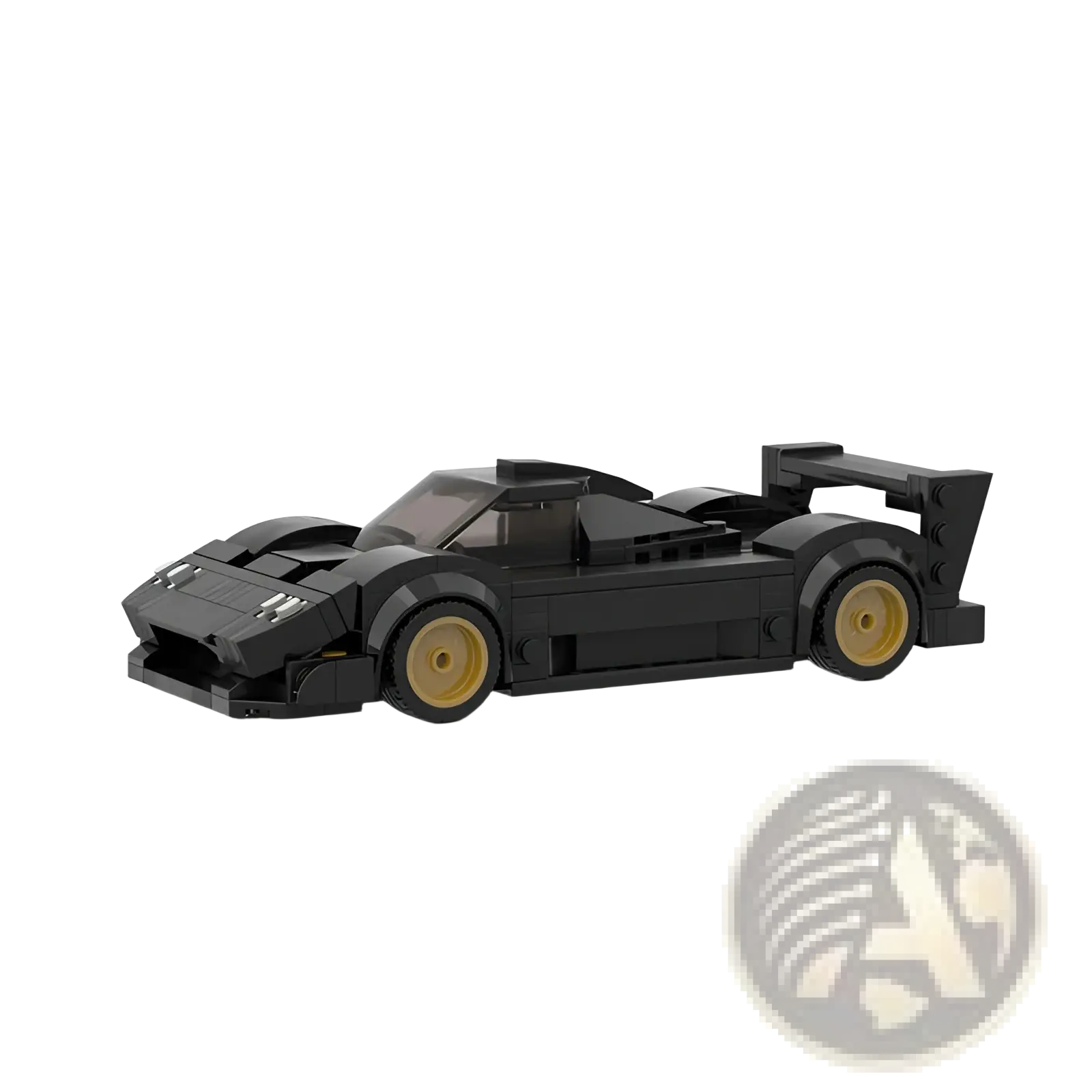 Black lego-style racing car building blocks with gold wheels and aerodynamic design educational toy set