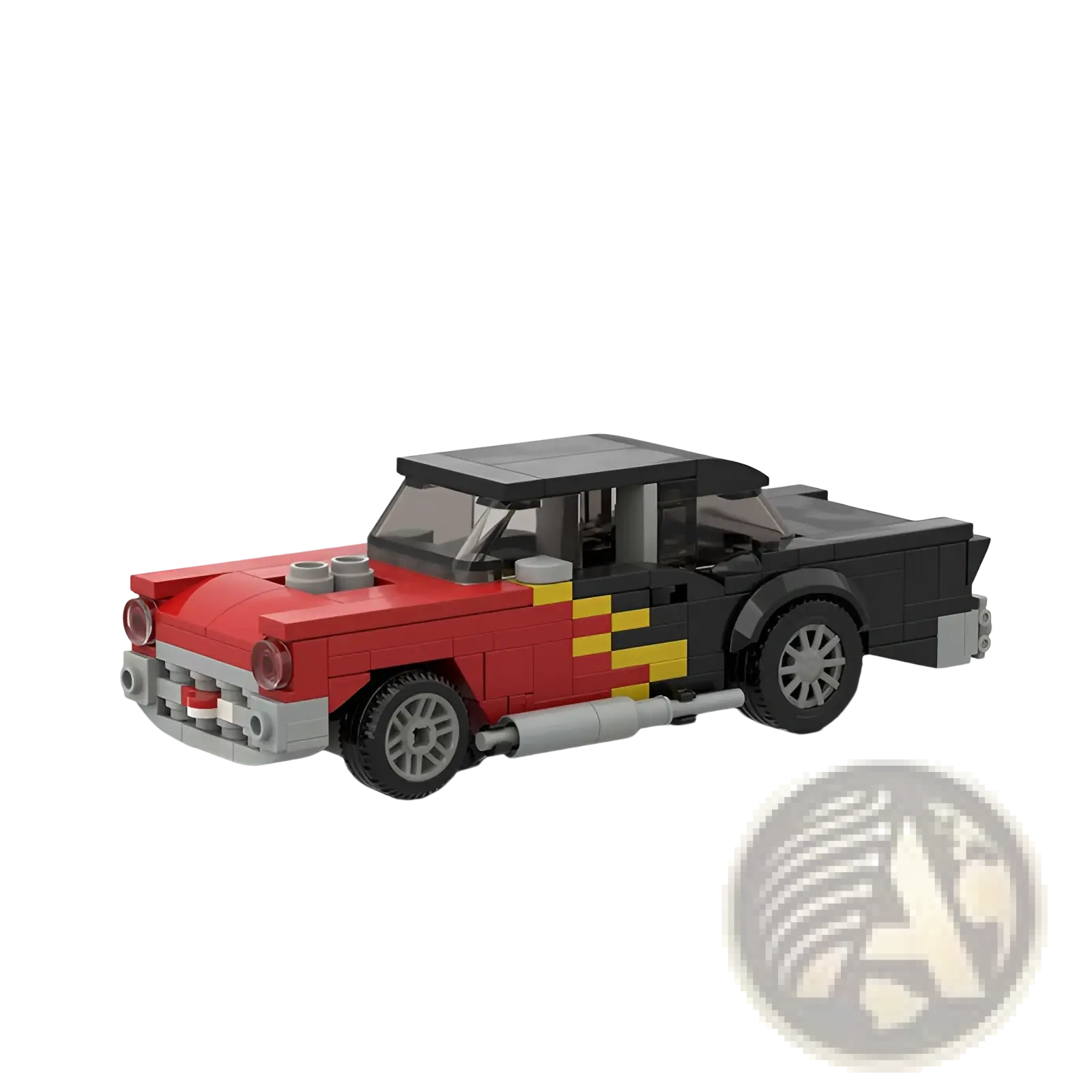 Red and black lego pickup truck with yellow flame decals from the racing car building blocks moc educational toy set