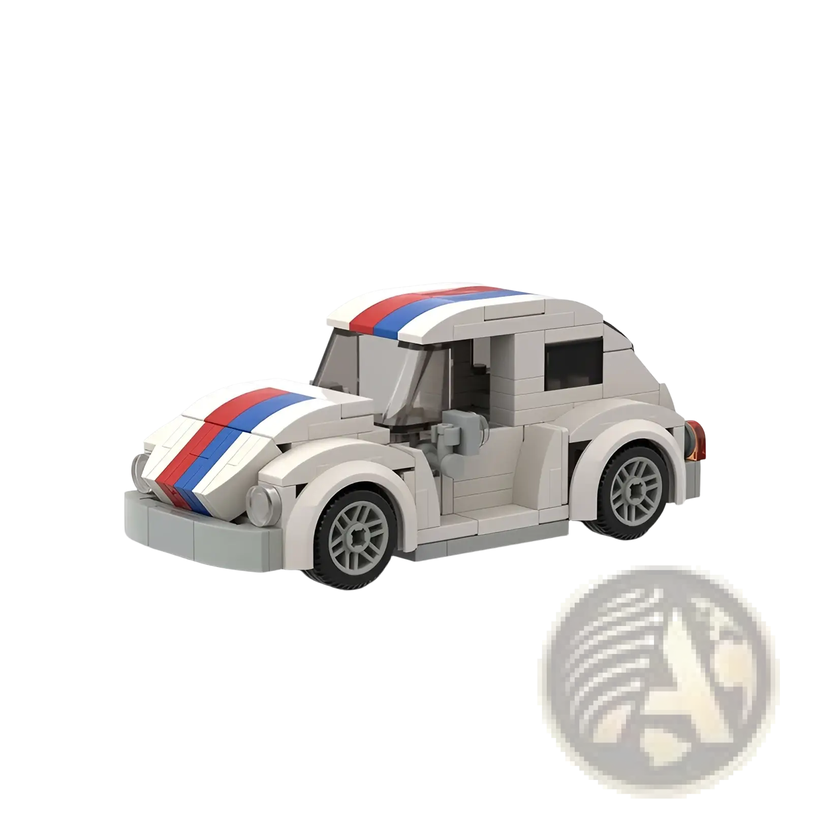 White lego brick-built volkswagen beetle with red white and blue racing stripes in racing car building blocks moc set