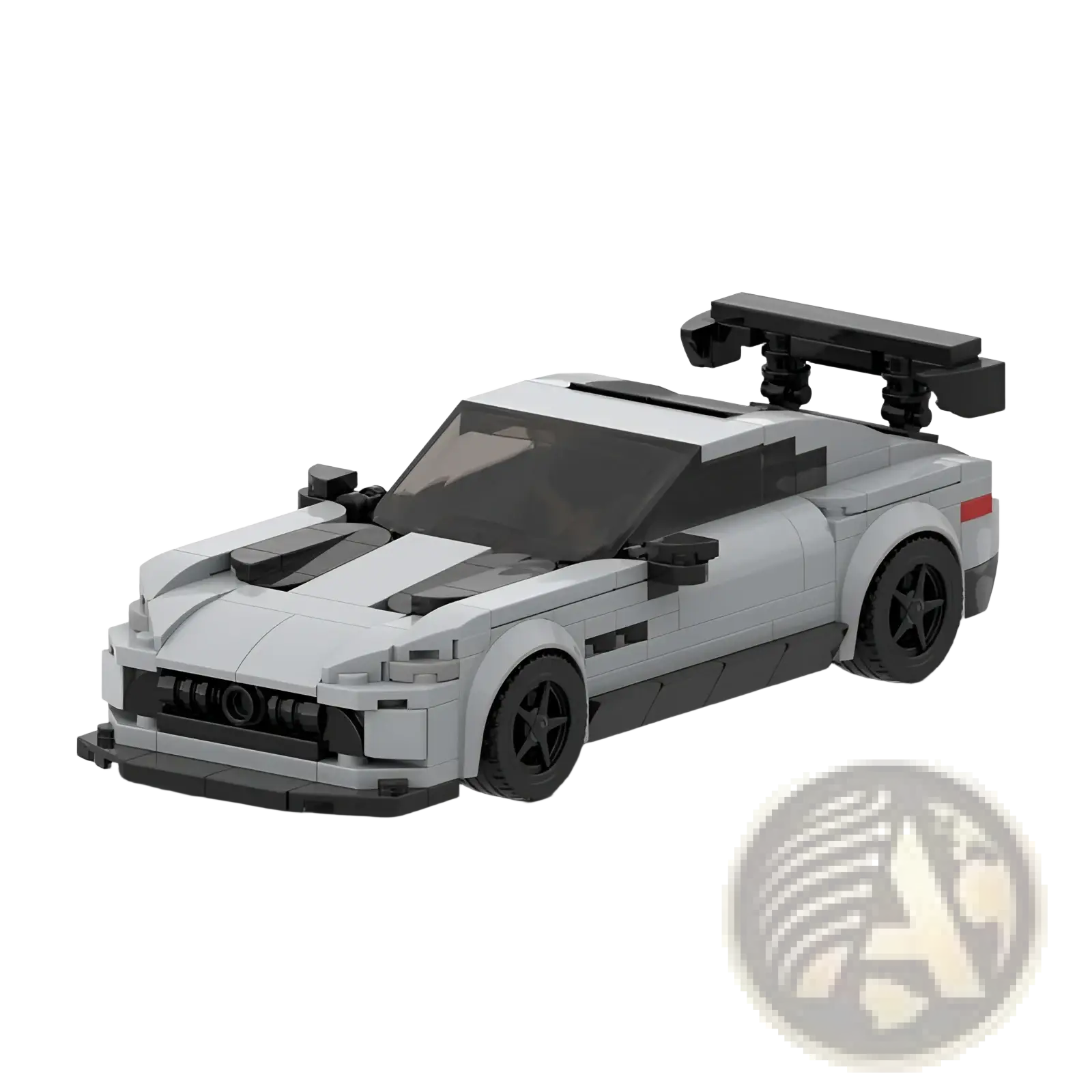 Gray and black lego sports car model with prominent rear spoiler shown from the back in 320 piece building kit