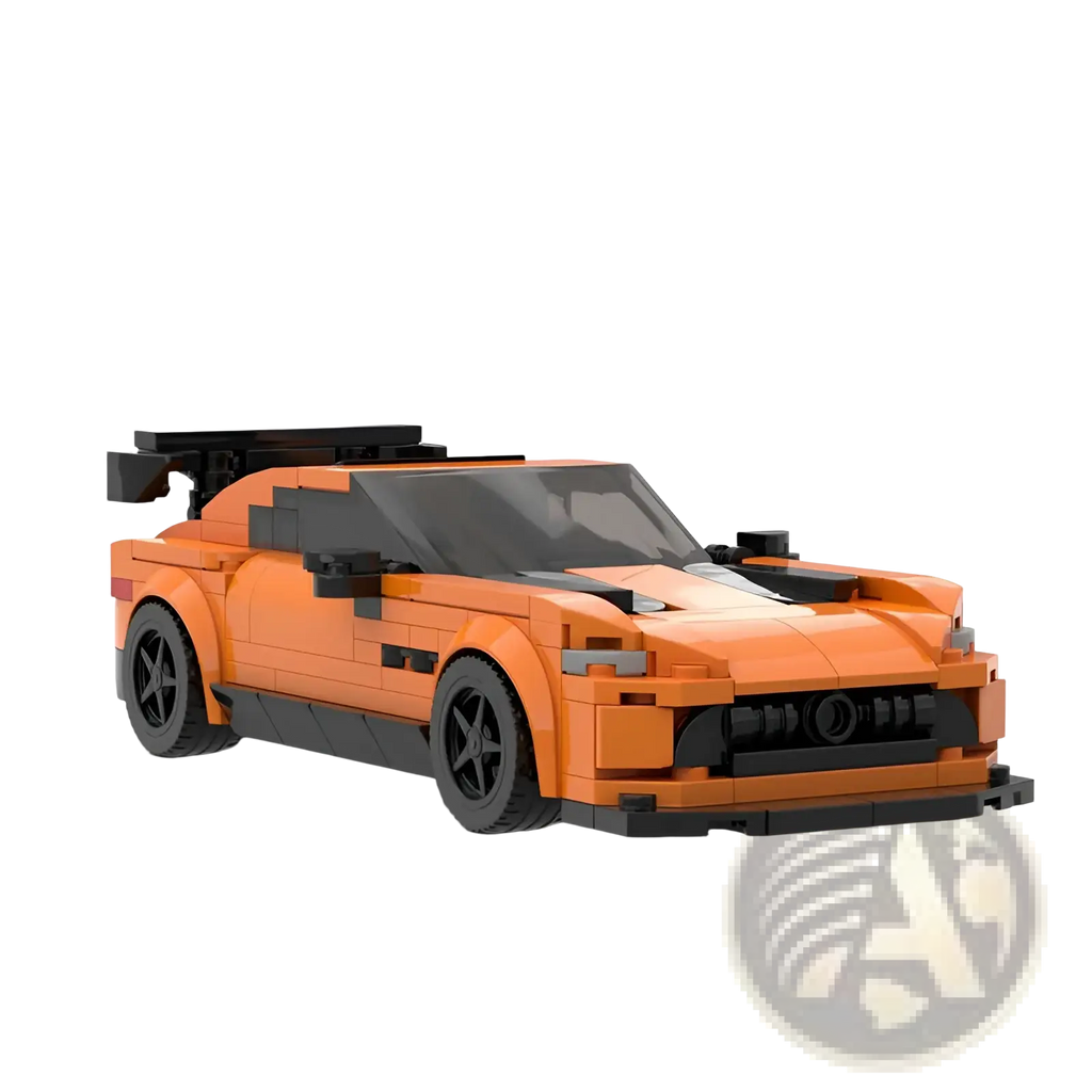 Vibrant orange and black lego technic sports car model with sleek aerodynamic design in 320 piece racing car kit