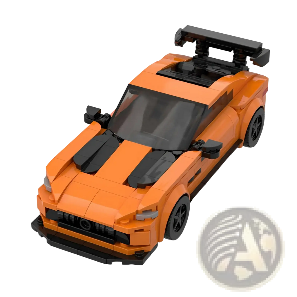 Orange lego sports car toy with black racing stripes and rear spoiler from 320 piece racing car model building kit