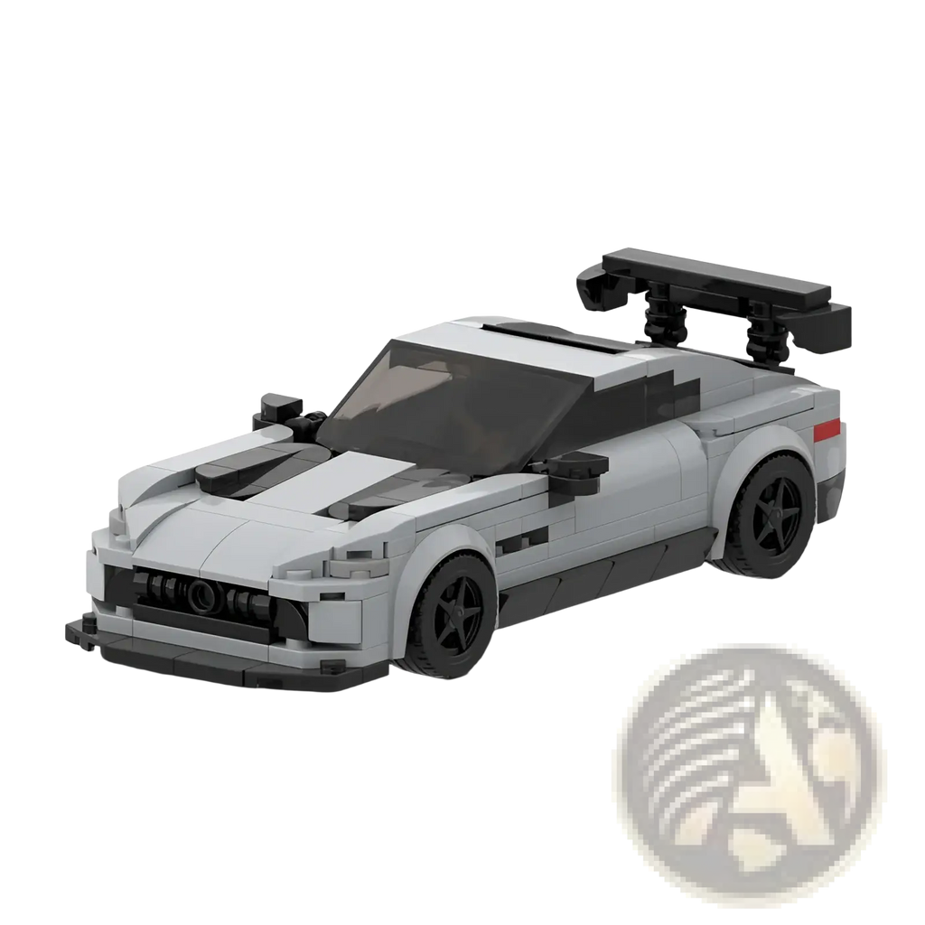Gray and black lego-built sports car toy with prominent rear spoiler shown from the back side in racing car model kit