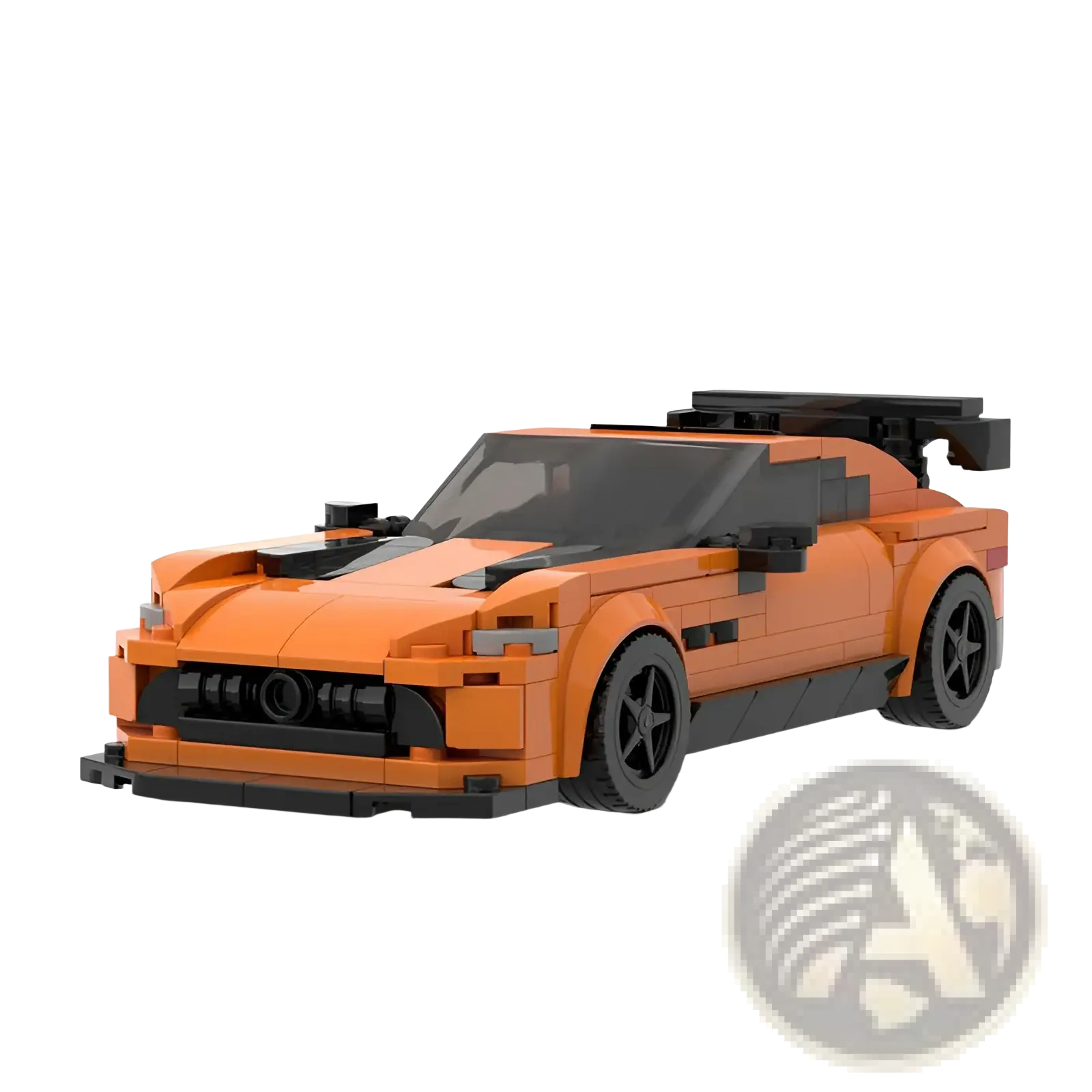 Orange and black lego built sports car toy with sleek aerodynamic design and prominent rear spoiler visible from back side
