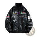 Black faux leather racing pu leather bomber jacket in Korean style with bold white and green racing graphics and tepinanc lettering