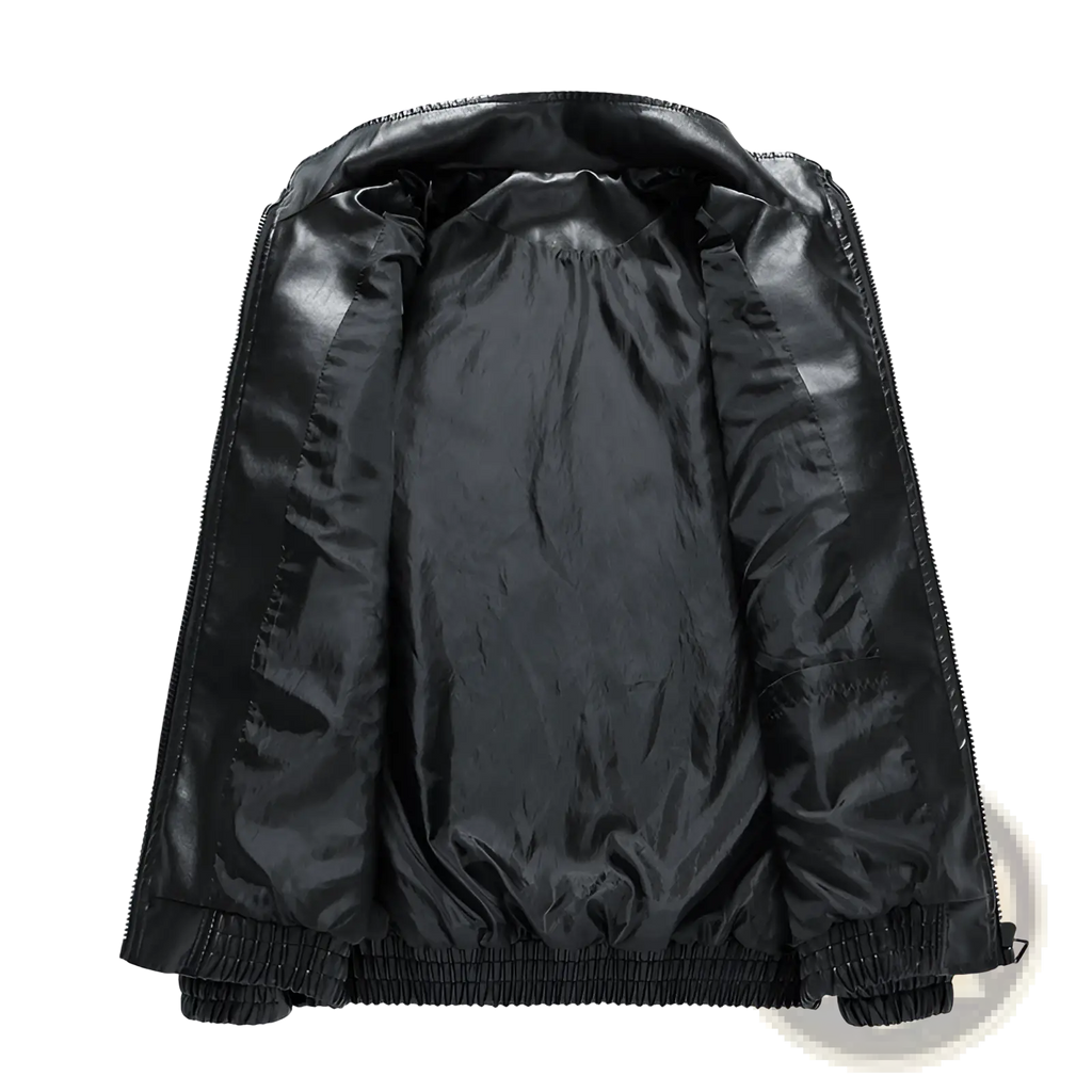 Black faux leather racing pu leather bomber jacket korean style with shiny interior lining and elastic cuffs