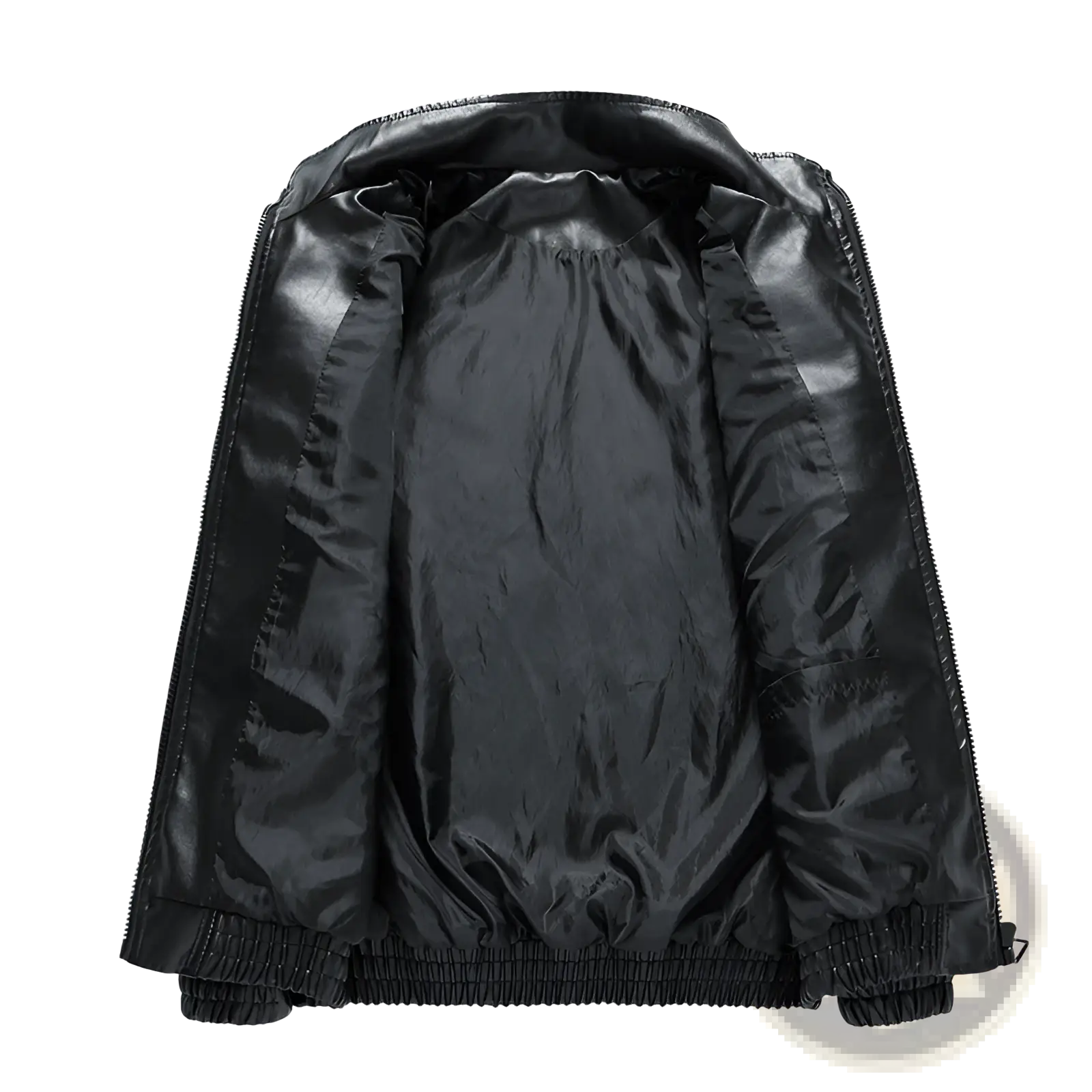 Black faux leather racing pu leather bomber jacket korean style with shiny interior lining and elastic cuffs