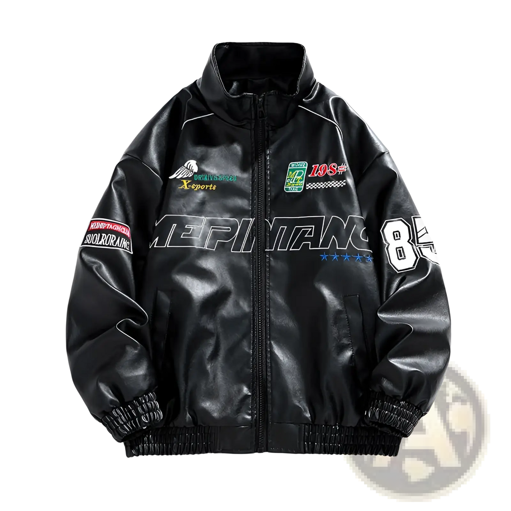Black faux leather racing pu leather bomber jacket with bold white and green graphics and tepinanc lettering on chest