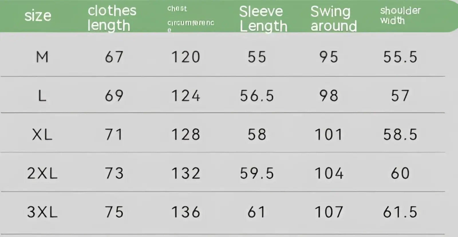 Size chart in centimeters for a women’s racing pu leather bomber jacket in Korean style with long sleeves from M to 3XL