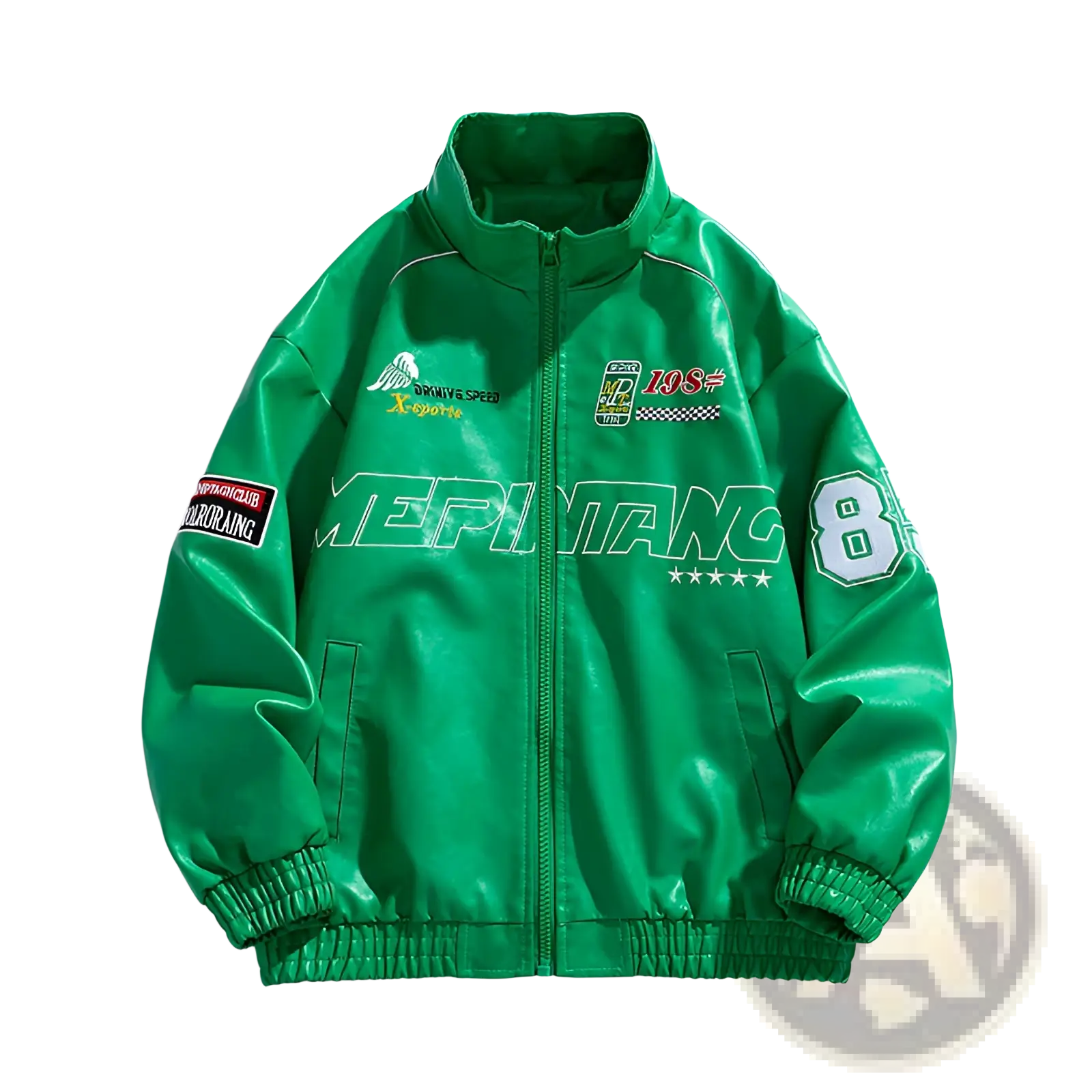 Vibrant green pu leather bomber jacket with white and red racing graphics and meiyang logo in Korean style