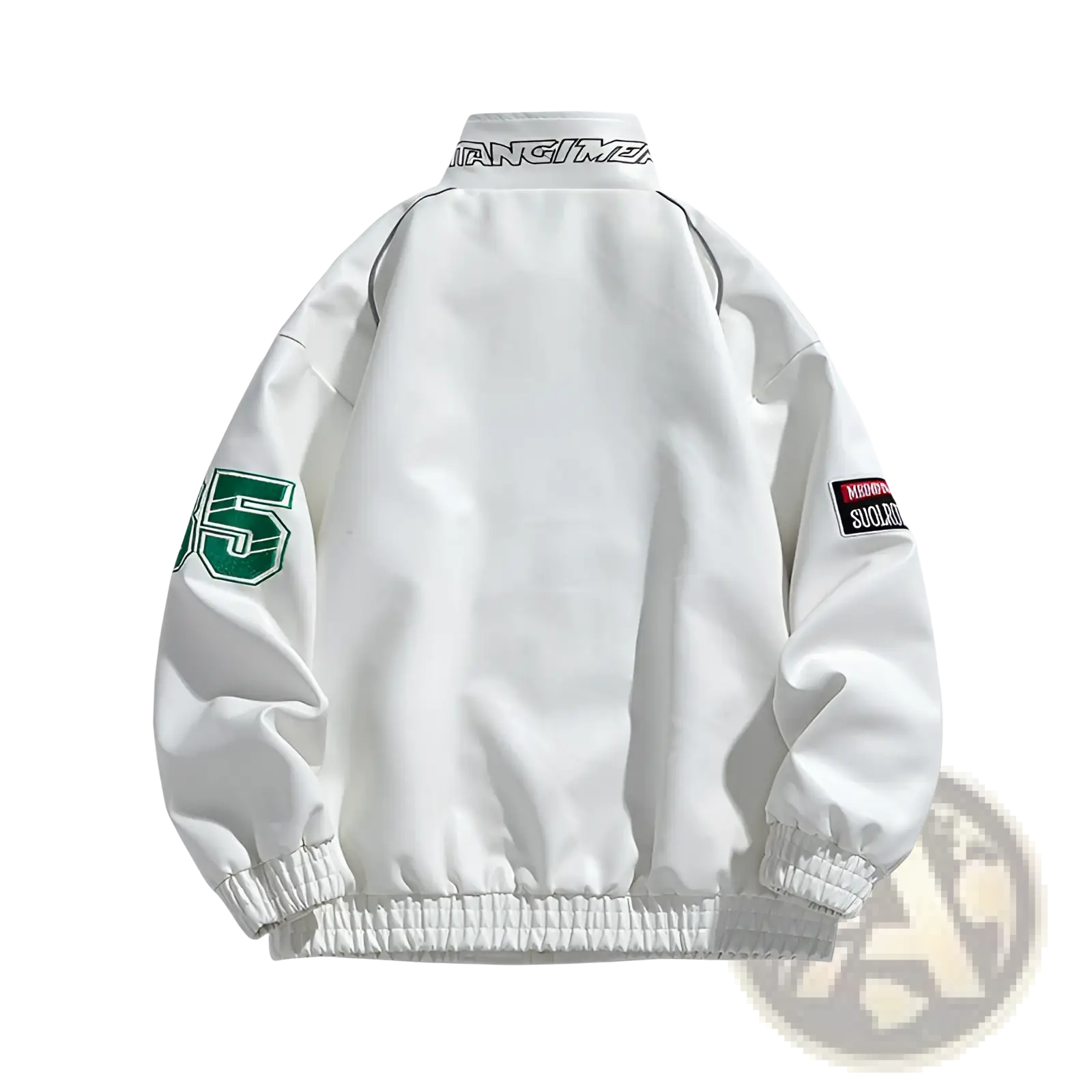 White racing pu leather bomber jacket with green and black embroidered sleeve patches in korean style