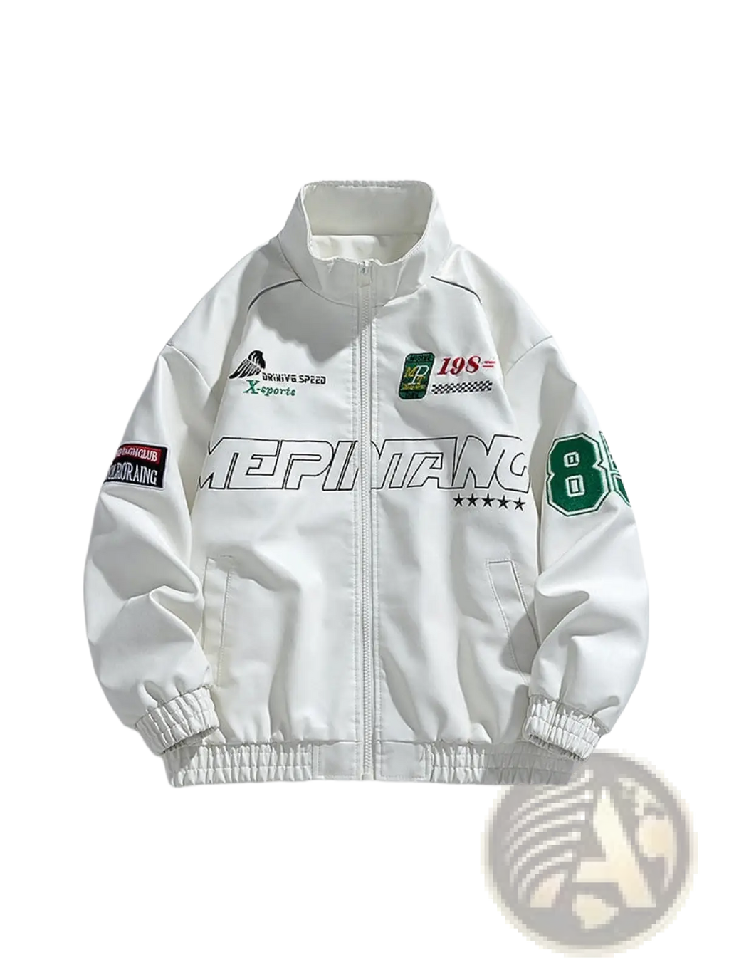 White pu leather racing bomber jacket with green and black graphics, elastic cuffs, and front zipper in Korean style