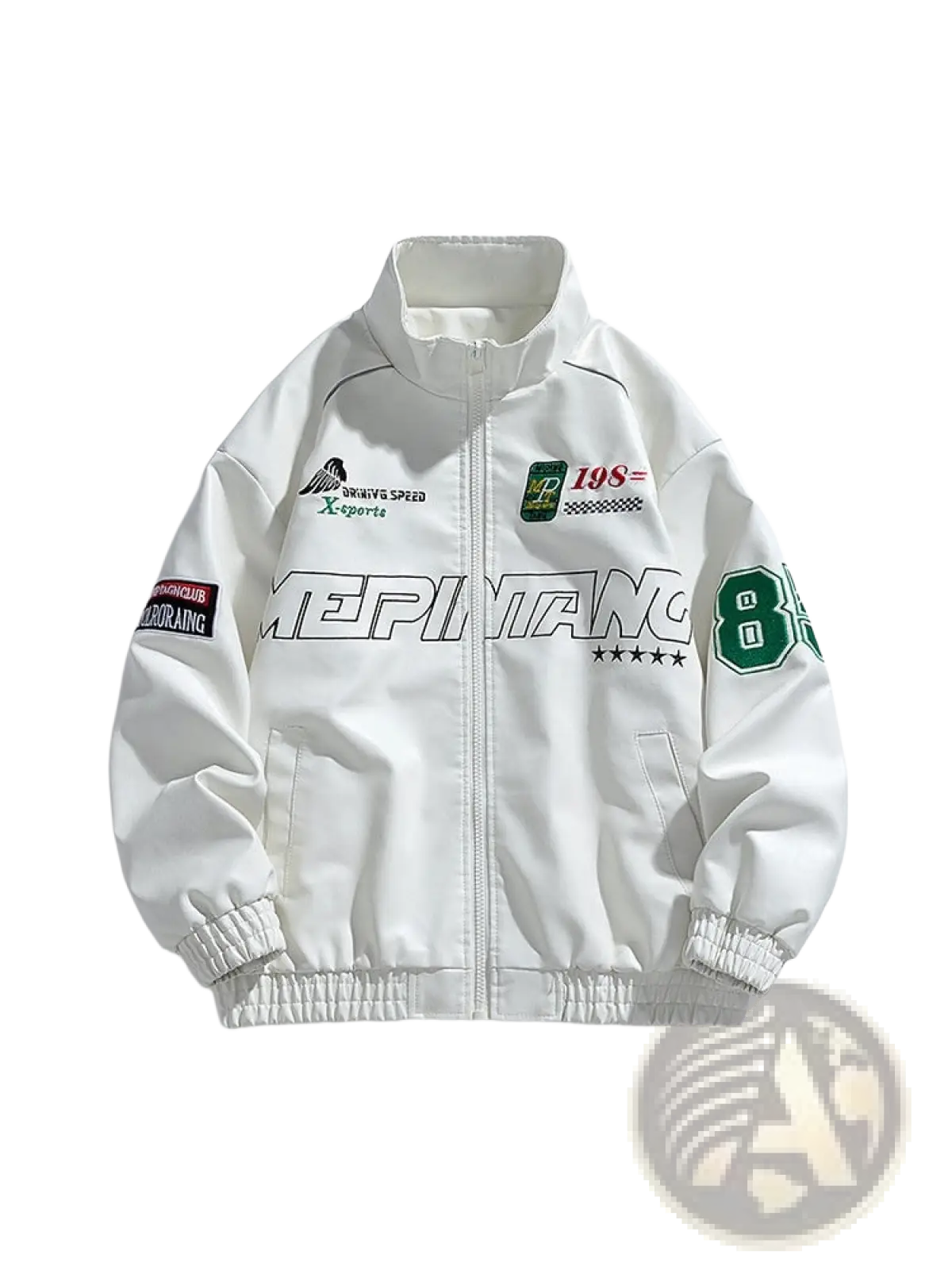White pu leather racing bomber jacket with green and black graphics, elastic cuffs, and front zipper in Korean style
