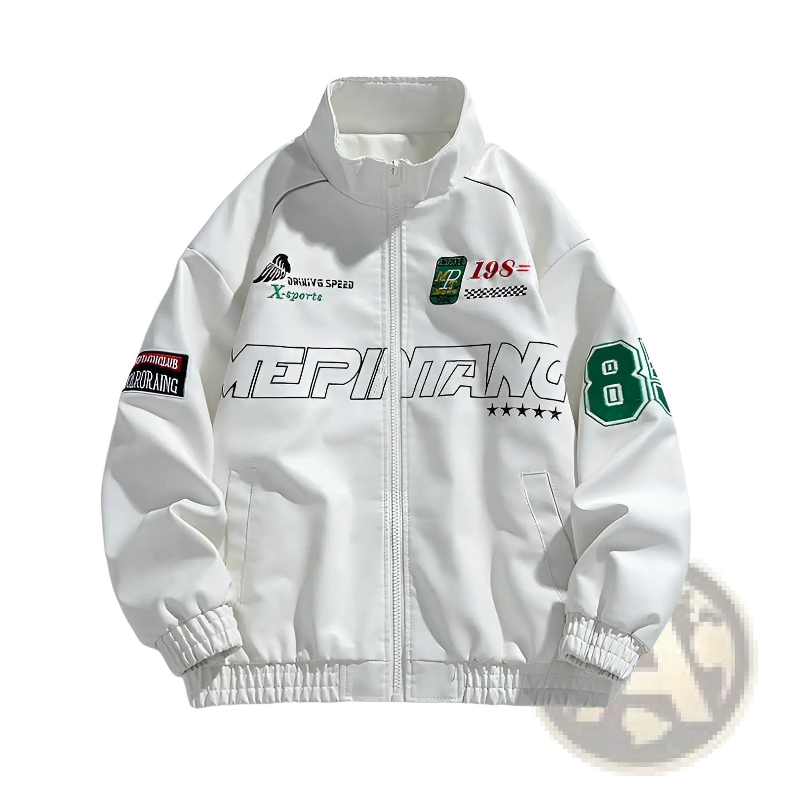 White racing pu leather bomber jacket with green and black graphic patches and number 8 on the sleeves in Korean style