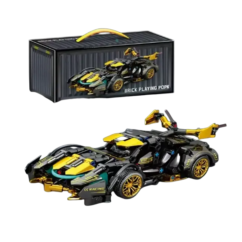 Black and yellow racing sport speed vehicle model made of interlocking plastic bricks with gold wheels for adults