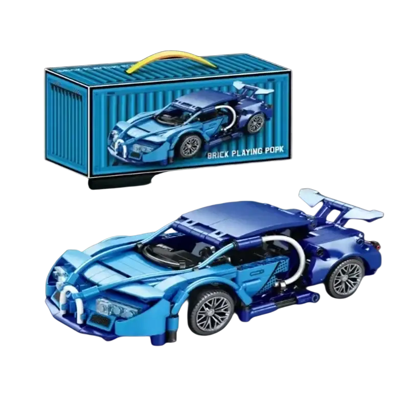 Blue bugatti-style brick-built sport speed vehicle model in container packaging for adult racing sport speed gift