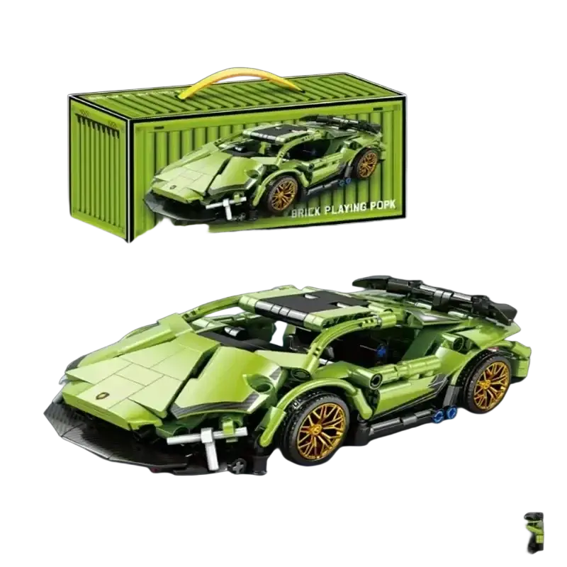 A lime green and black lego style lamborghini sport speed vehicle model with gold wheels for adult gift building blocks