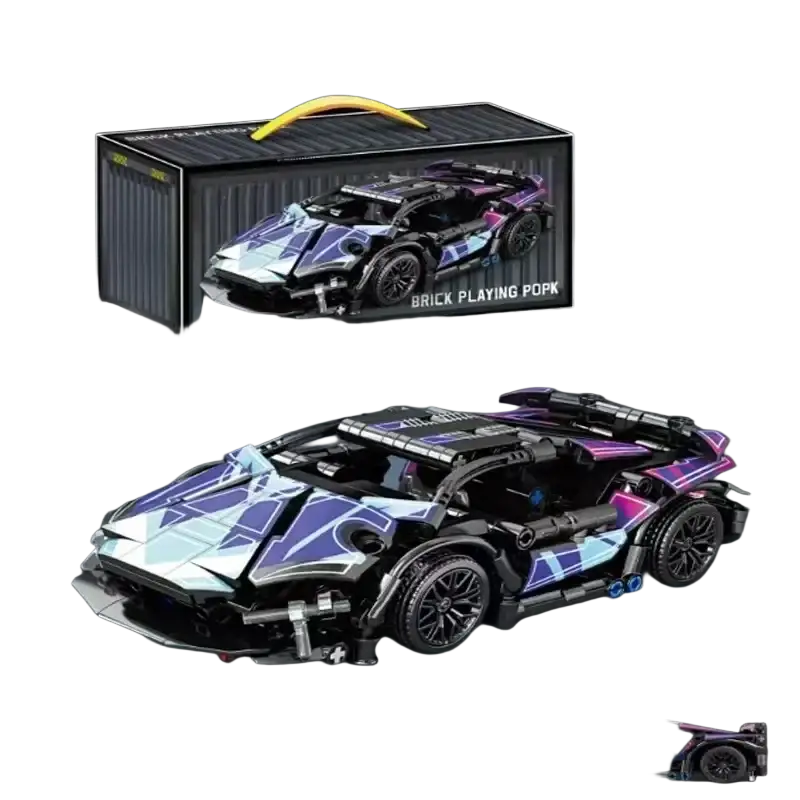 Purple and black geometric-patterned lego-style sport speed vehicle model for adult gift and racing sport speed enthusiasts
