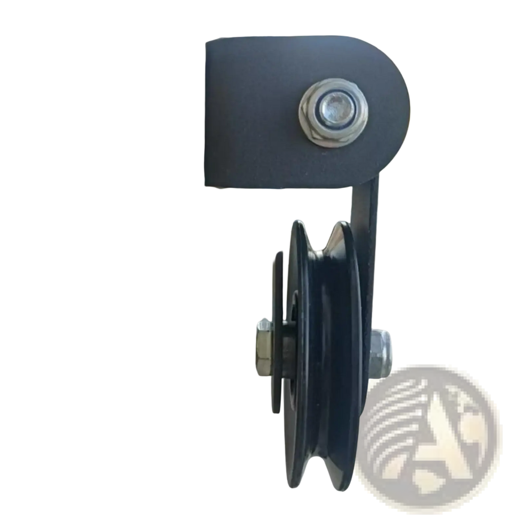Black rack mounted gym pulley block with metallic bolts and circular wheel on a dark metal frame for diy fitness equipment