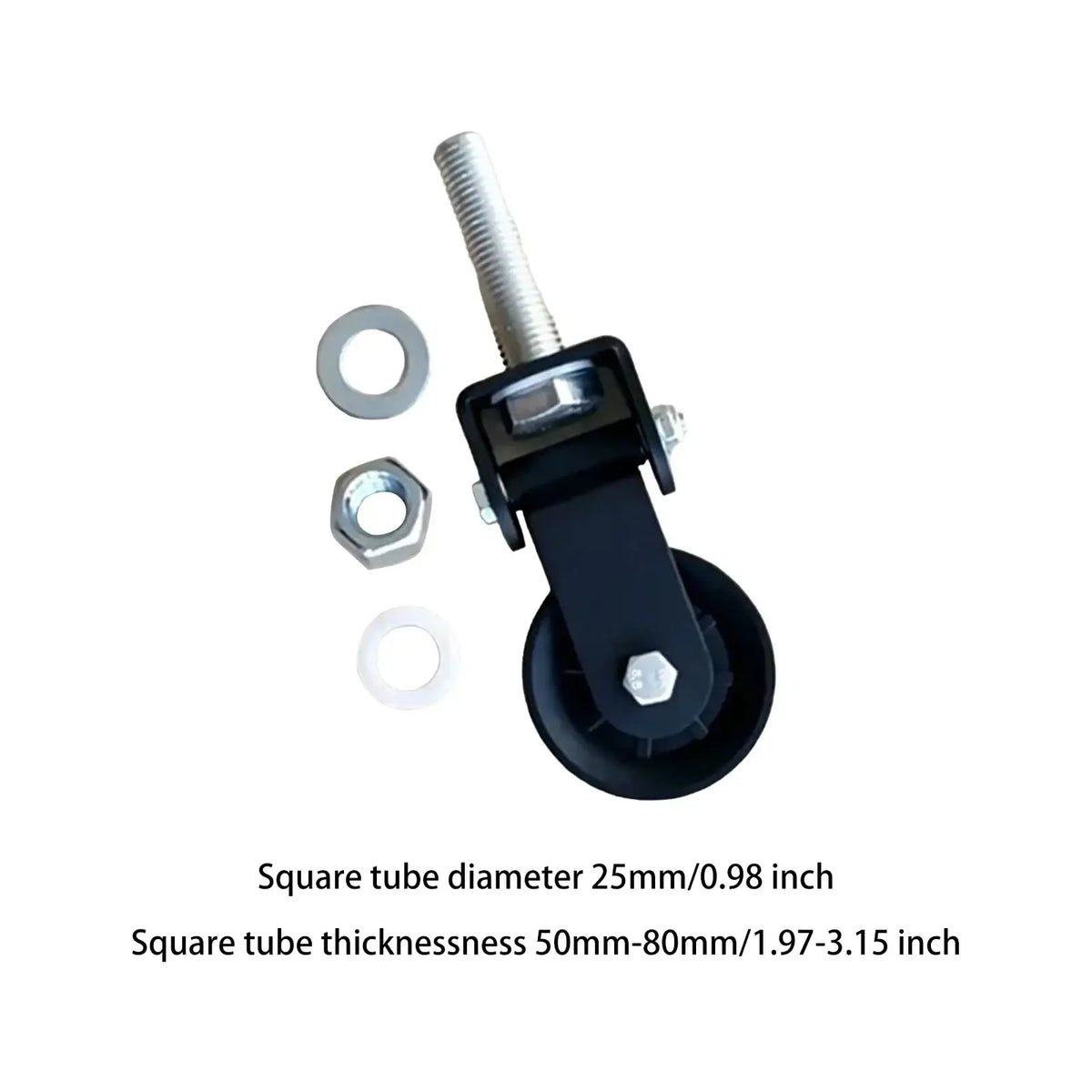 Black plastic caster wheel with threaded metal stem and hardware for rack mounted gym pulley block diy fitness equipment