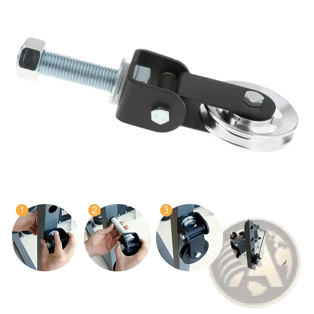 Black and silver rack mounted gym pulley block with threaded bolt for diy fitness equipment assembly