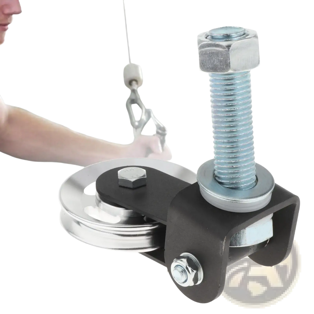 Black and silver metal rack mounted gym pulley block with threaded bolt and hex nuts for diy fitness equipment