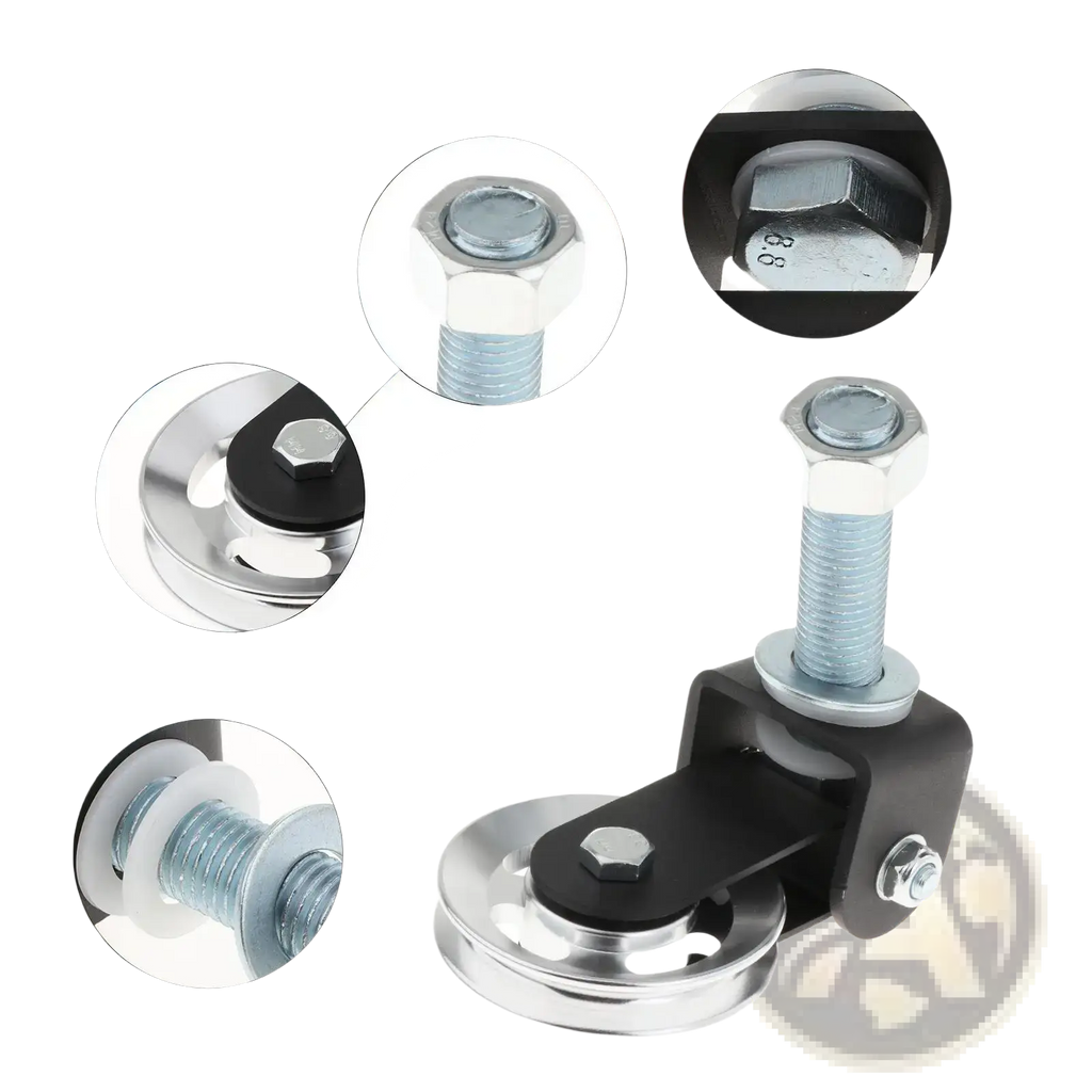 Rack mounted gym pulley block featuring a black and silver metal roller with a hexagonal bolt head for diy fitness equipment