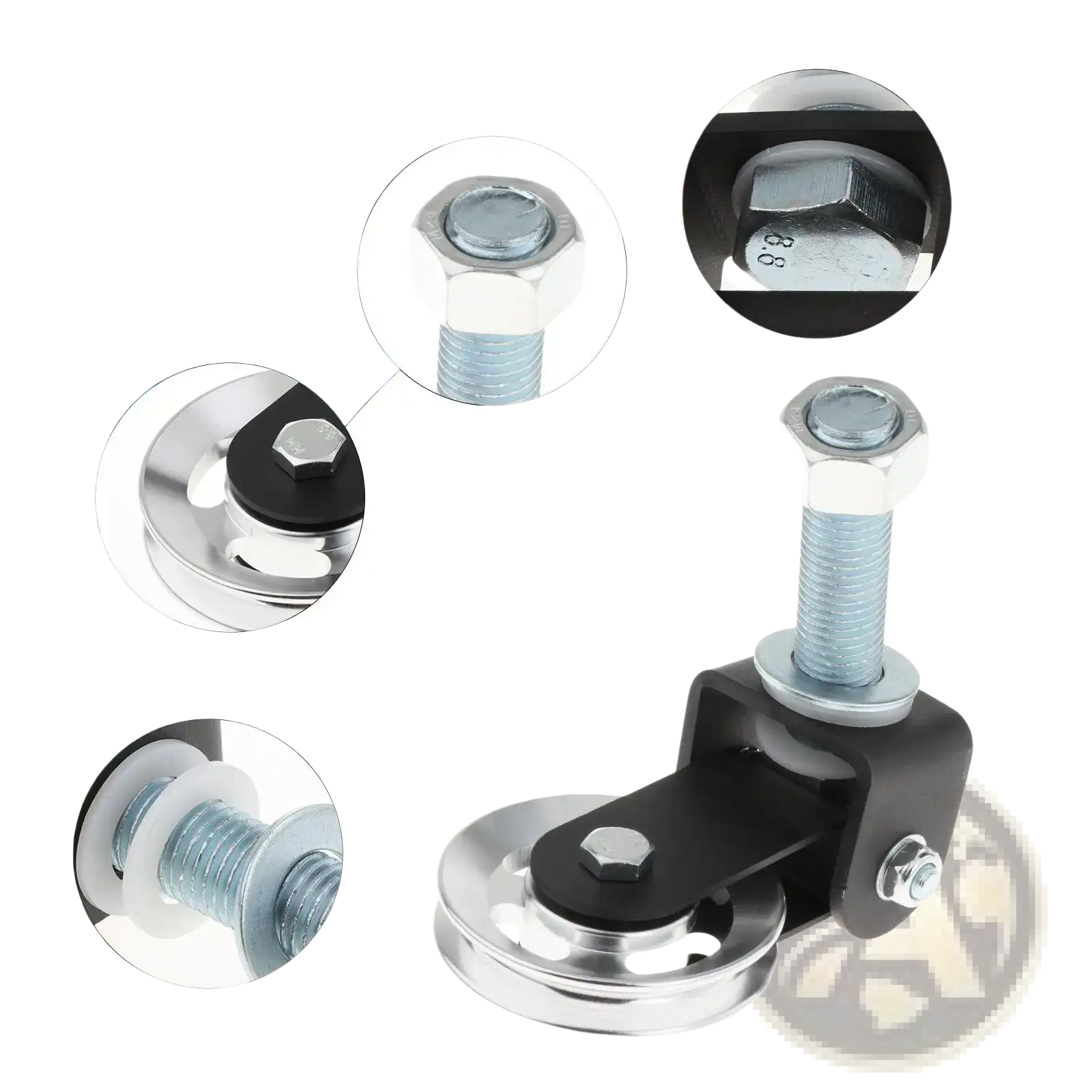 Rack mounted gym pulley block featuring a black and silver metal roller with a hexagonal bolt head for diy fitness equipment