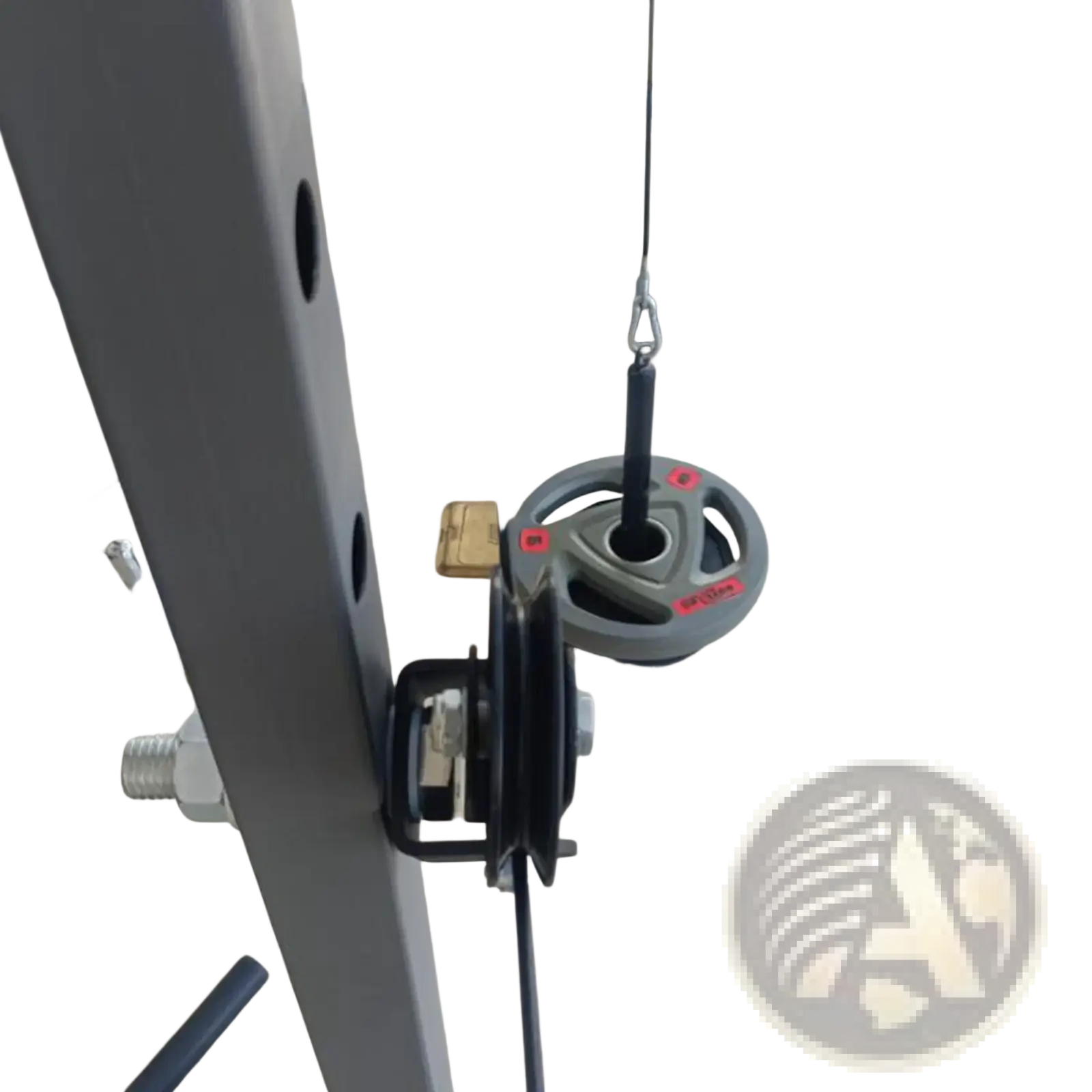 Rack mounted gym pulley block featuring a gray weight plate with red markings and a black central bar with triangular design