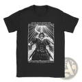 Black Radahn graphic cotton t-shirt with white armored figure and text on front for casual wear