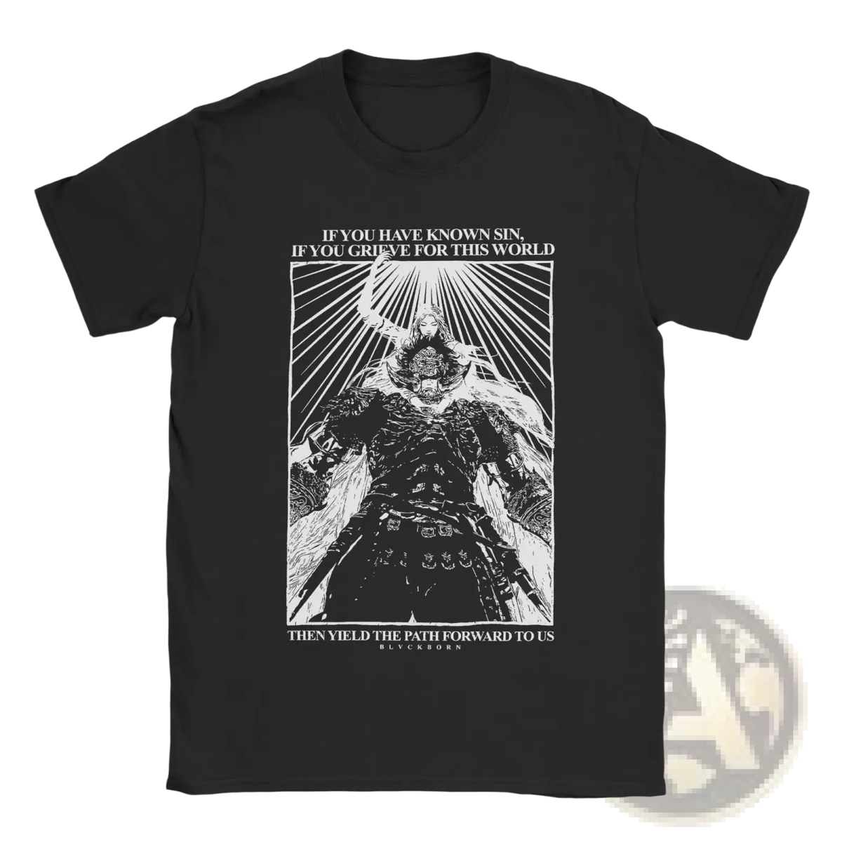 Black Radahn graphic cotton t-shirt with white armored figure and text on front for casual wear