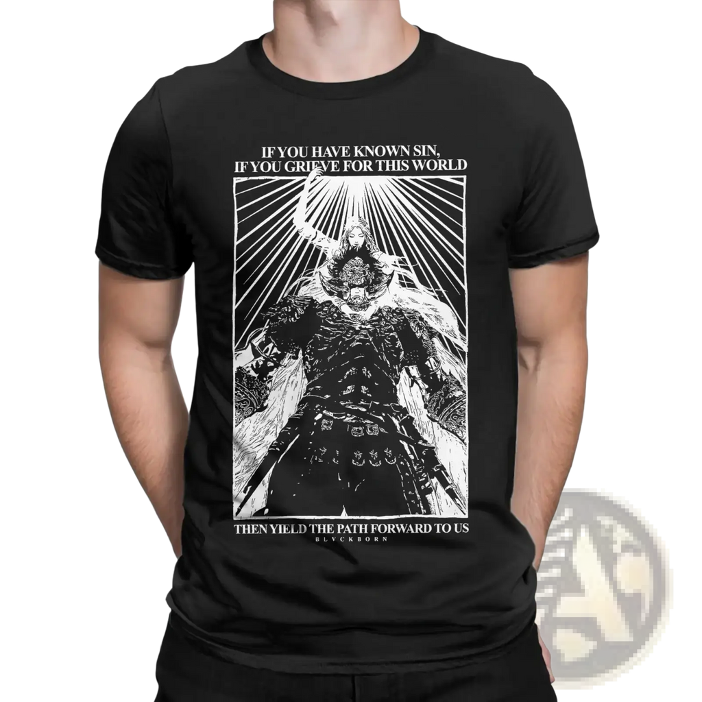 Black short-sleeved radahn graphic cotton t-shirt with white armored figure and motivational text on front