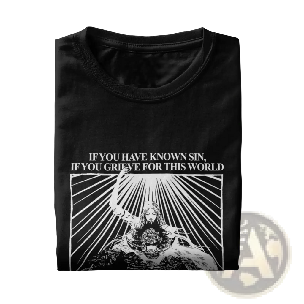 Black cotton Radahn graphic t-shirt with white figure print and text if you have known sin if you grieve for this world