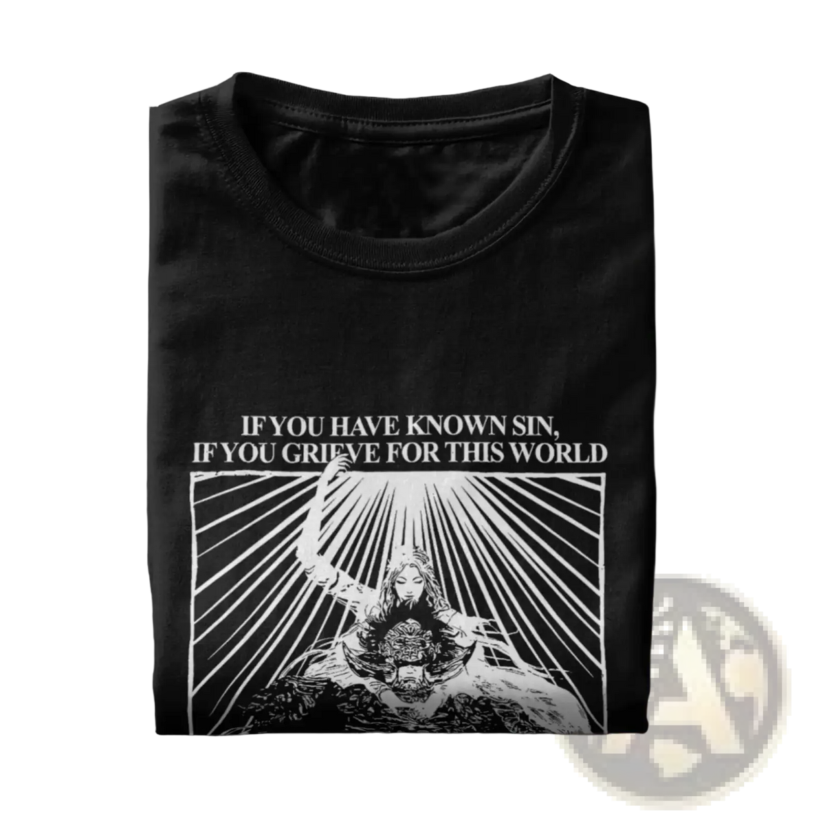 Black cotton Radahn graphic t-shirt with white figure print and text if you have known sin if you grieve for this world