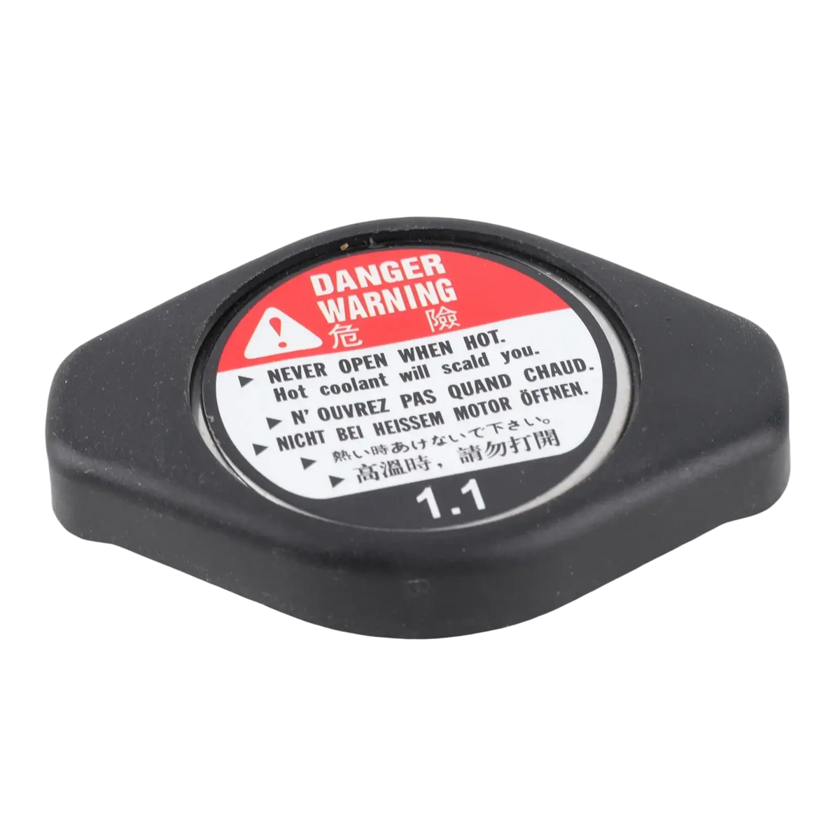 Black plastic radiator cap 19045 paa a01 with red and white multilingual warning label for Acura Chevrolet Lexus vehicles