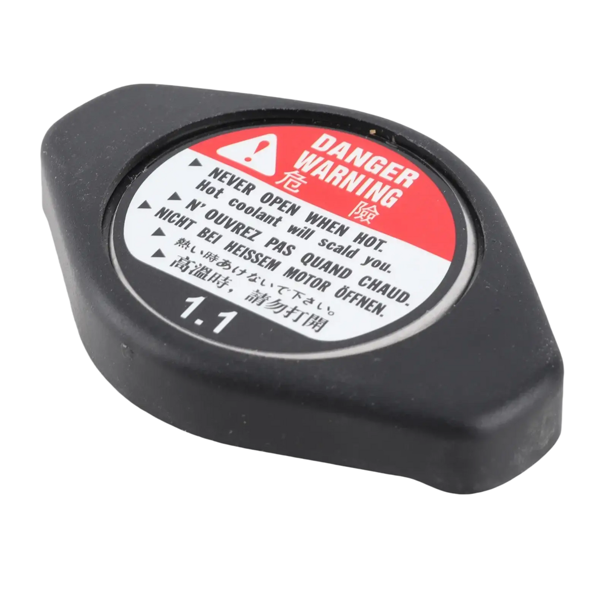 Black plastic radiator cap with red and white warning label for engine coolant reservoir compatible with Acura Chevrolet Lexus