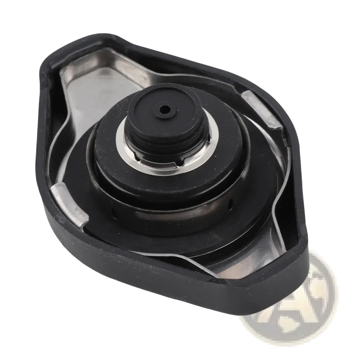 Black plastic radiator cap with metallic silver inner ring and threaded fitting for Acura Chevrolet Lexus models