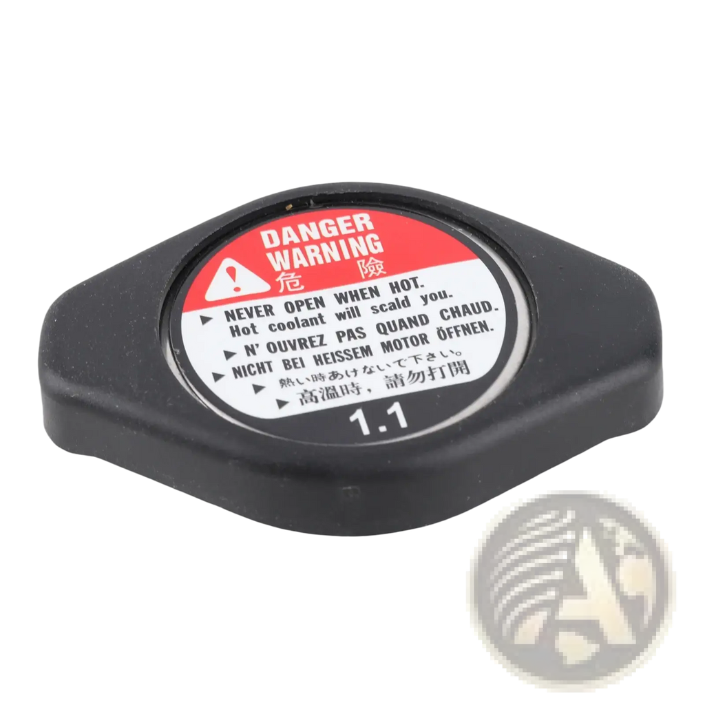 Black plastic radiator cap 19045 paa a01 with red and white multilingual warning label for Acura Chevrolet Lexus vehicles