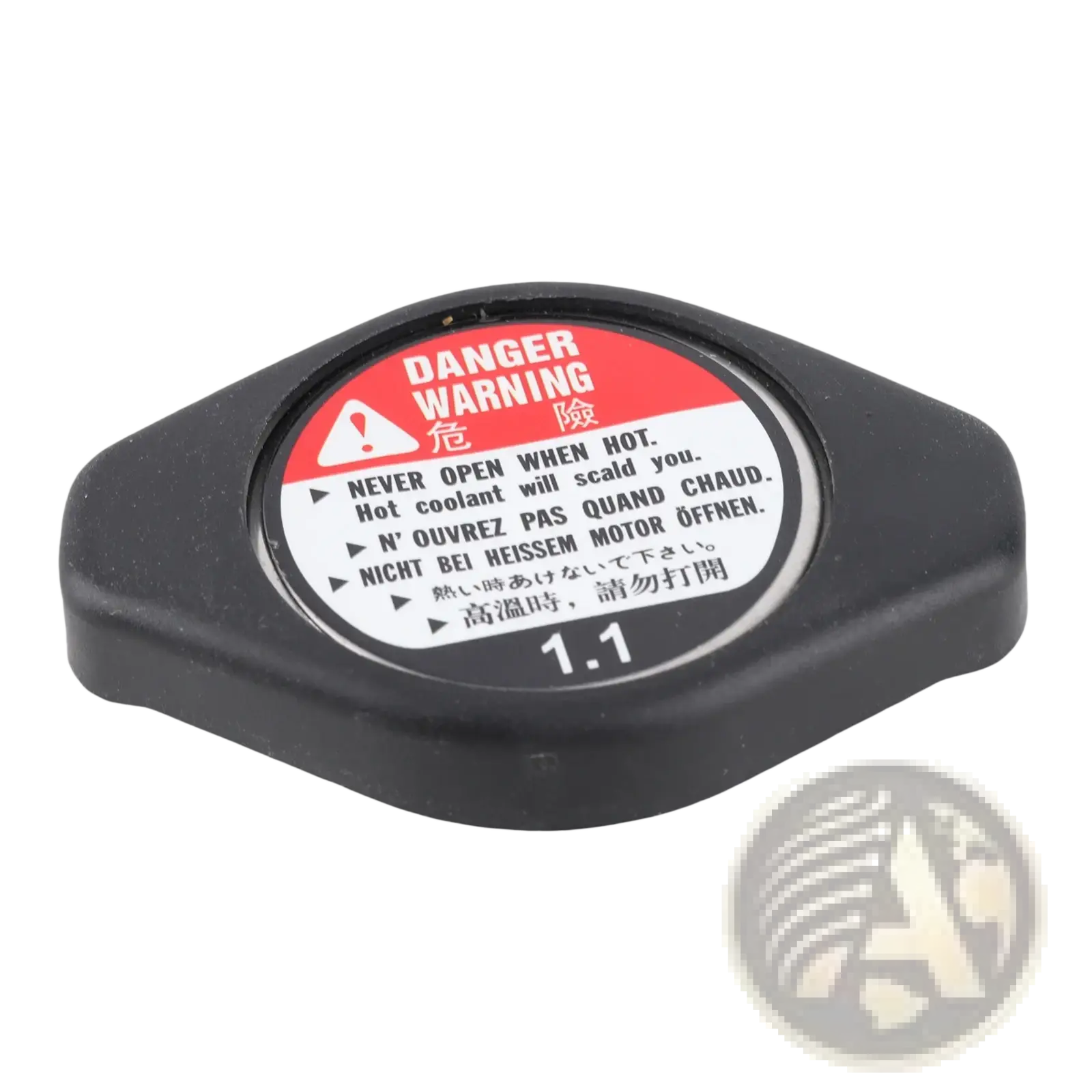 Black plastic radiator cap 19045 paa a01 with red and white multilingual warning label for Acura Chevrolet Lexus vehicles
