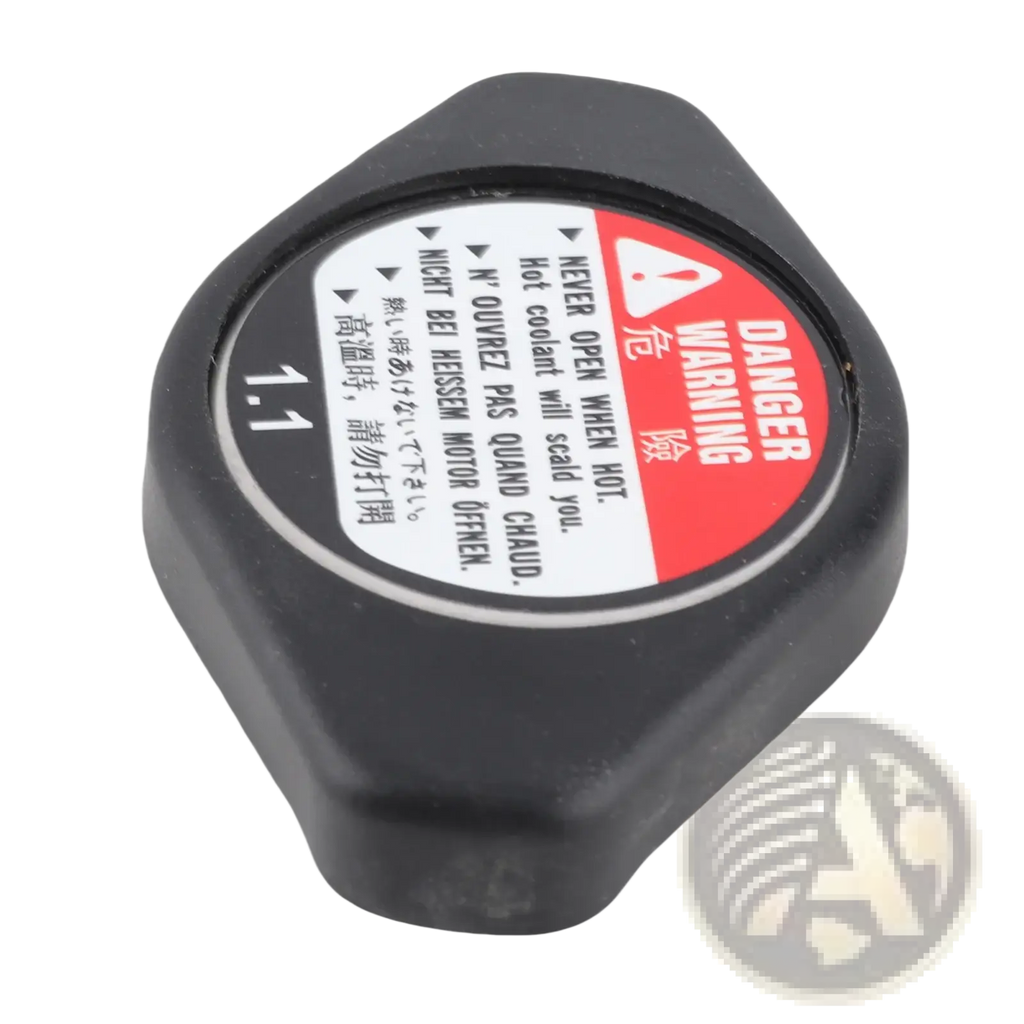 Black plastic radiator cap with red and white warning label for Acura Chevrolet Lexus model 19045 Paa A01