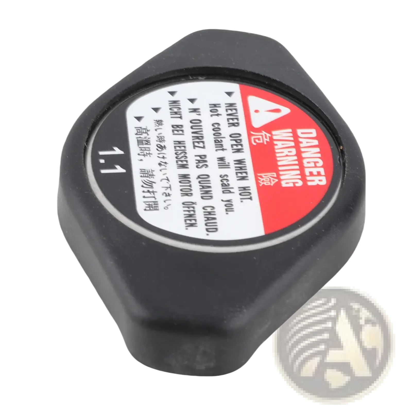 Black plastic radiator cap with red and white warning label for Acura Chevrolet Lexus model 19045 Paa A01