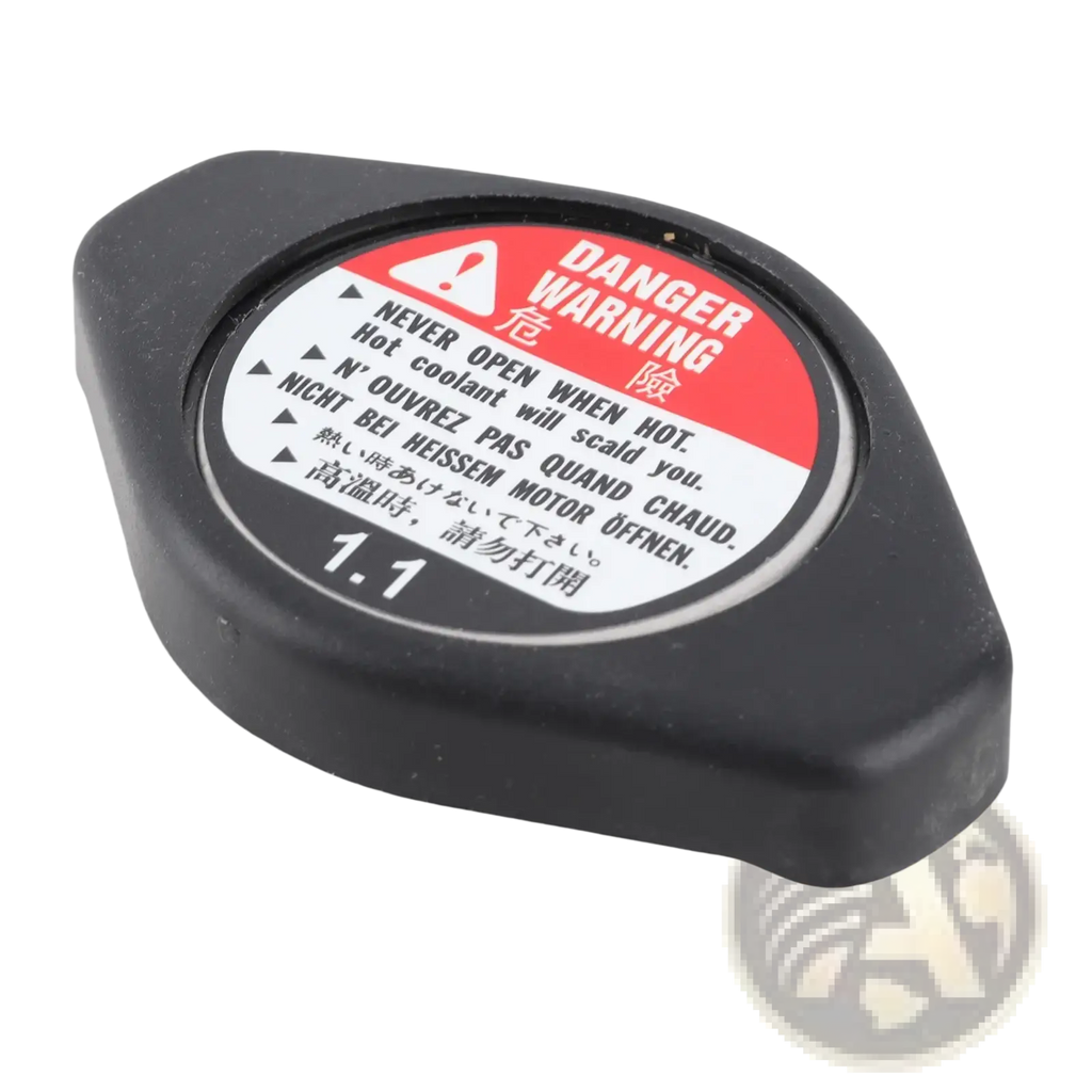 Black plastic radiator cap with red and white warning label for engine coolant reservoir compatible with Acura Chevrolet Lexus
