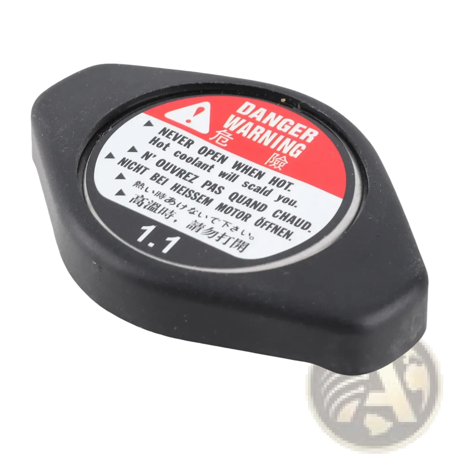 Black plastic radiator cap with red and white warning label for engine coolant reservoir compatible with Acura Chevrolet Lexus