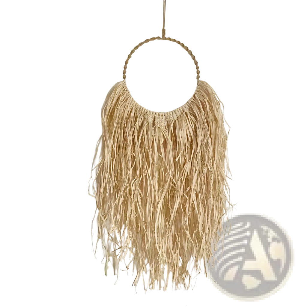 Raffia wall decor boho macrame hanging tapestry with natural braided rope hoop and long flowing dried grass strands