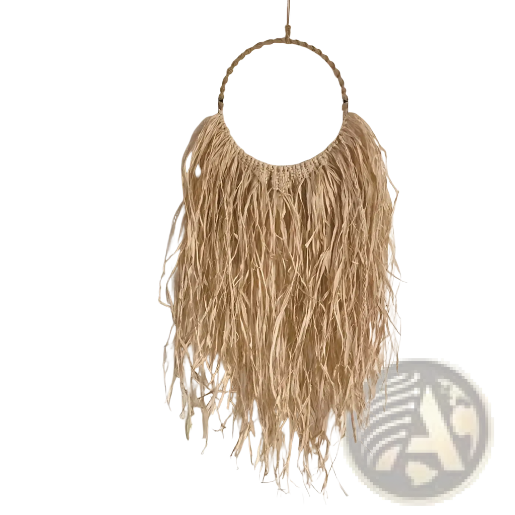 Beige raffia wall decor boho macrame hanging tapestry with braided circular top and long fringed natural fiber strands
