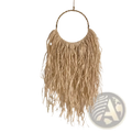 Beige raffia wall decor boho macrame hanging tapestry with braided circular top and long fringed natural fiber strands