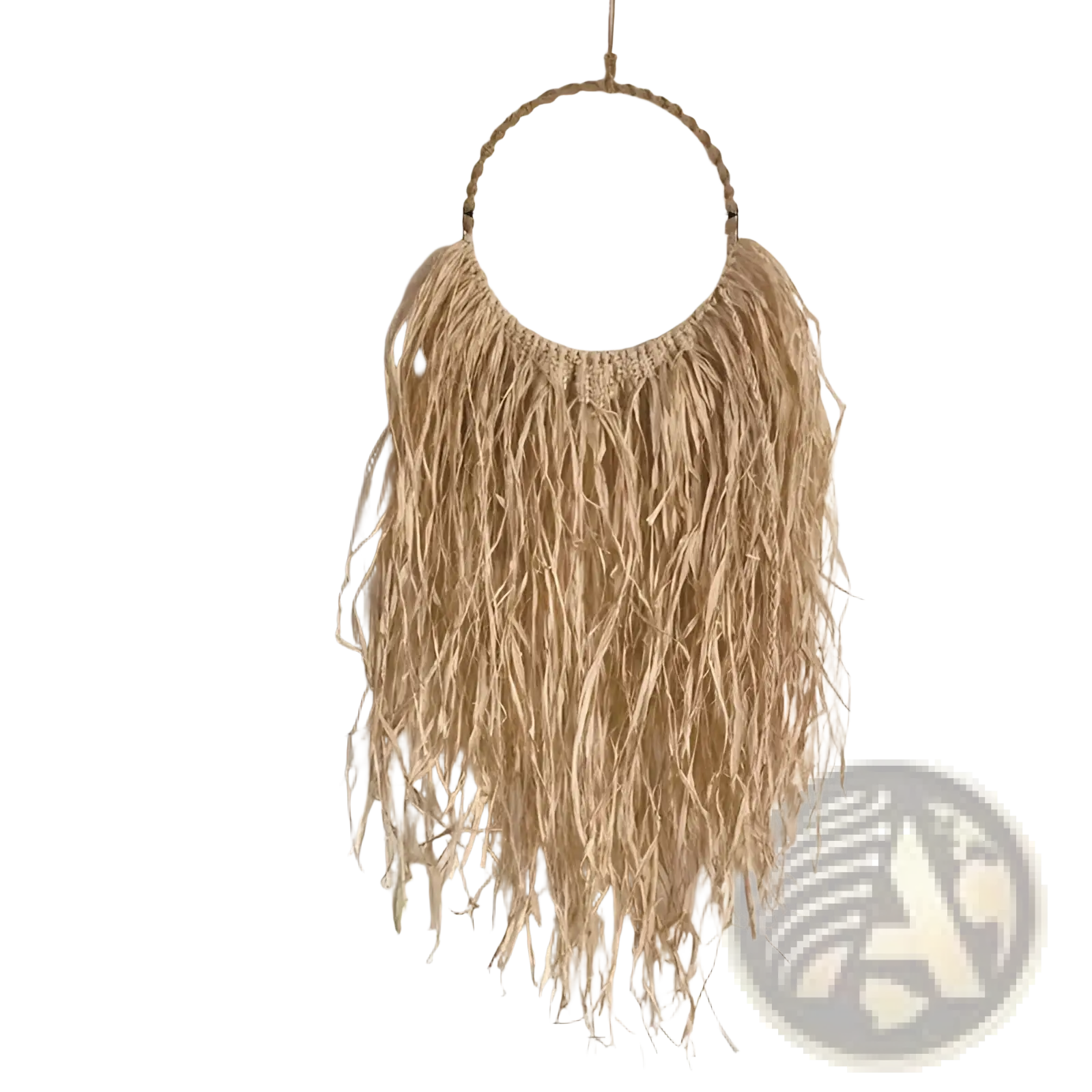 Beige raffia wall decor boho macrame hanging tapestry with braided circular top and long fringed natural fiber strands