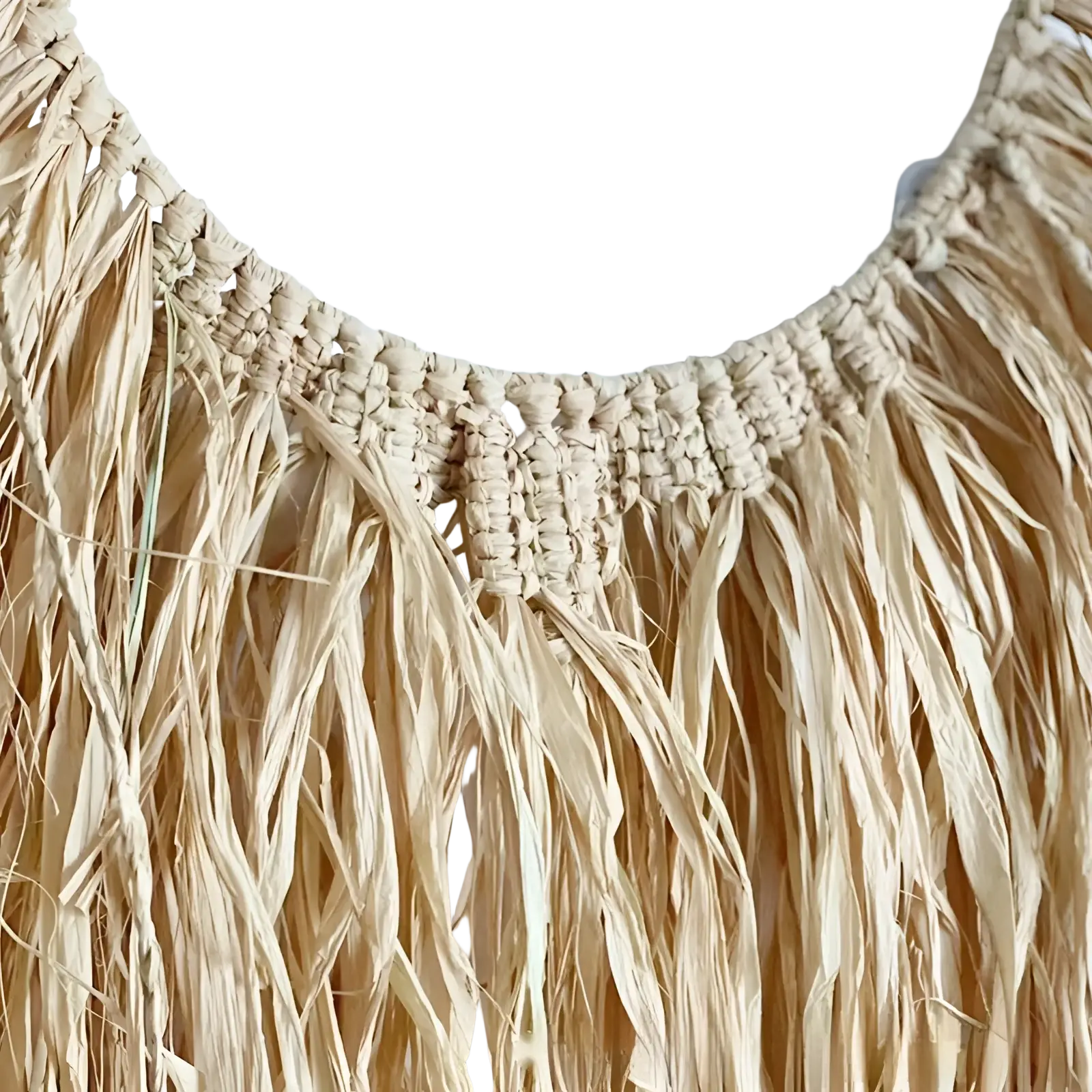 Beige raffia boho macrame wall decor featuring woven straw fringe and a textured braided top edge hanging tapestry