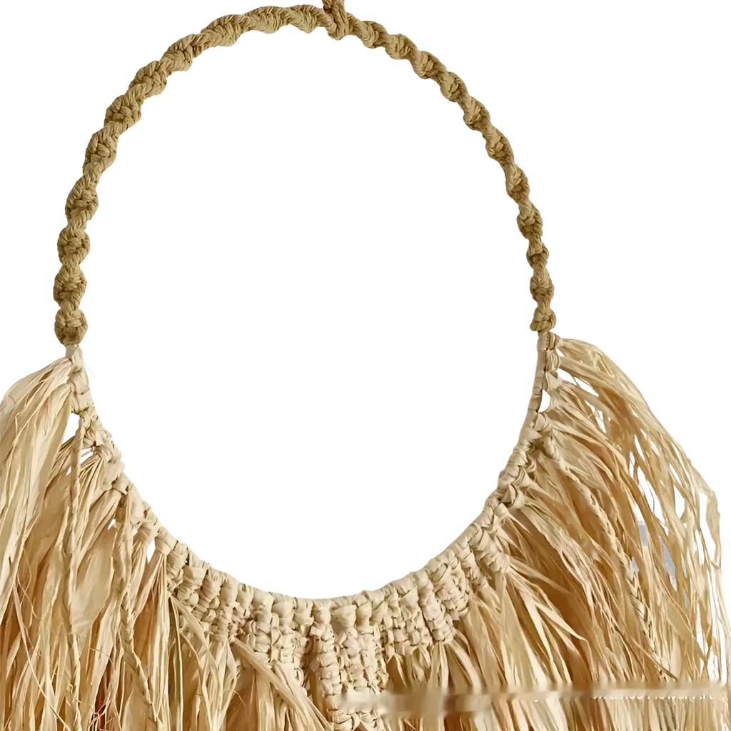 Beige raffia wall decor boho macrame hanging tapestry with braided rope handle and fringed tassels